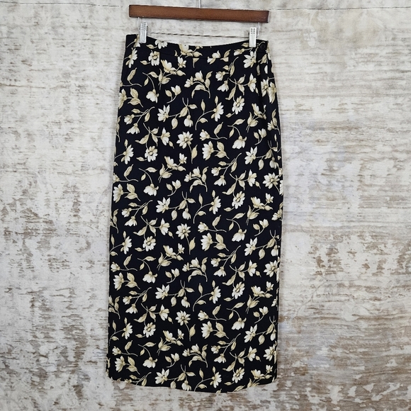 Vintage 1990s Silk Black Floral Maxi Skirt Column 90s Jones New York M Grunge - Picture 2 of 10